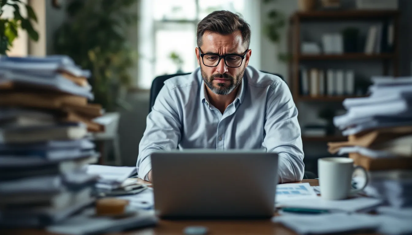 A small business owner sits at a cluttered desk overwhelmed with financial paperwork, illustrating the challenges of managing cash flow and expenses. The scene emphasizes the importance of effective time management strategies and small business accounting to reduce stress and improve financial health.