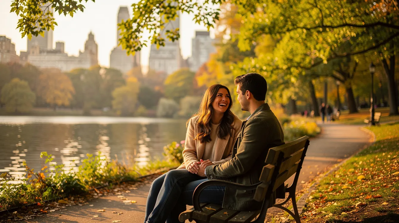 A couple enjoys a romantic date in Central Park, NYC, surrounded by lush greenery and vibrant flowers, embodying the essence of intentional dating as they connect over shared interests and meaningful conversations. Their relaxed demeanor and smiles hint at the early stages of a potential long-term relationship, showcasing the joy of dating with intention in a picturesque setting.