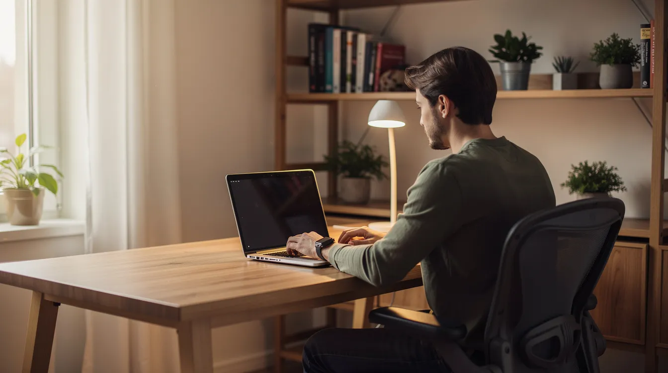 A person is sitting at a desk in a cozy home office, focused on their laptop computer, possibly exploring online casinos or checking out the latest casino bonuses. The space is well-lit and organized, suggesting a comfortable environment for online gaming and responsible gambling.