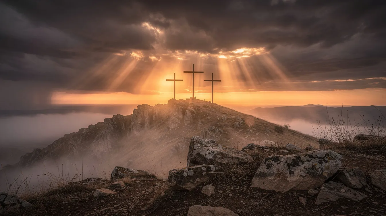 The image depicts a dramatic sunrise breaking through dark storm clouds over a rugged hilltop, where three wooden crosses stand silhouetted against the radiant light. This scene evokes themes of resurrection and hope, reminiscent of the gospel truth and the promise of eternal life through Jesus Christ.