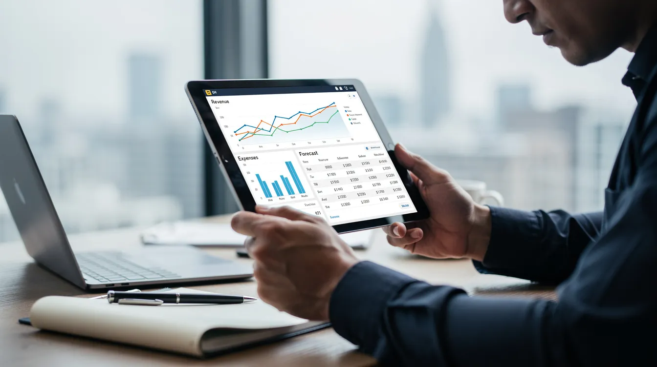 Eine Person prüft mit konzentrierter Miene die Finanzdaten auf einem Tablet und bewertet wahrscheinlich ihre eBay-Verkäufe und Zahlungsoptionen. Die Szene suggeriert ein geschäftliches Umfeld, in dem die Person Zahlungen verwaltet und ihre Verkaufserfahrungen analysiert.