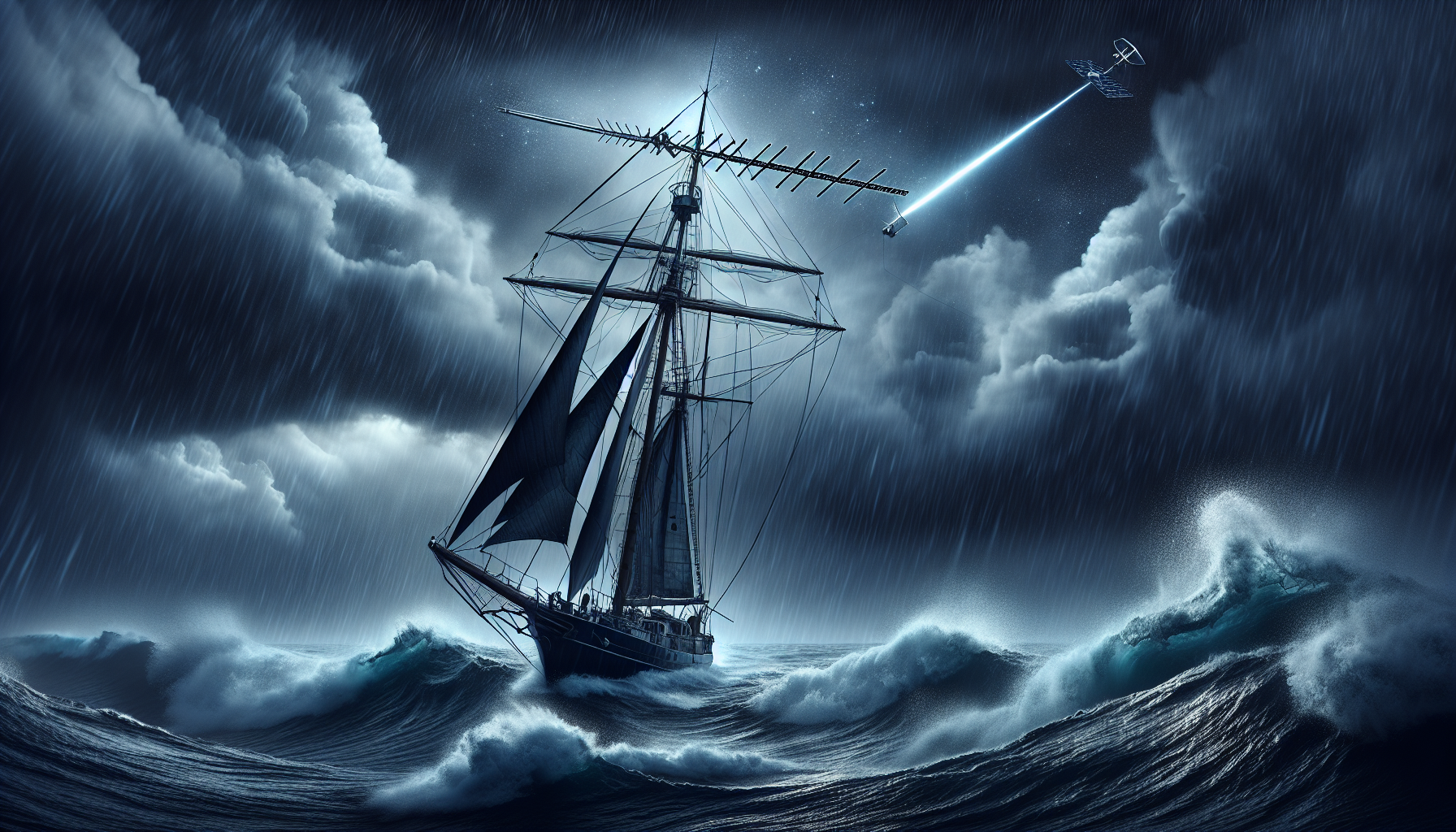 Ein Segelboot mit einer automatisch ausgerichteten Starlink-Antenne bei stürmischem Wetter