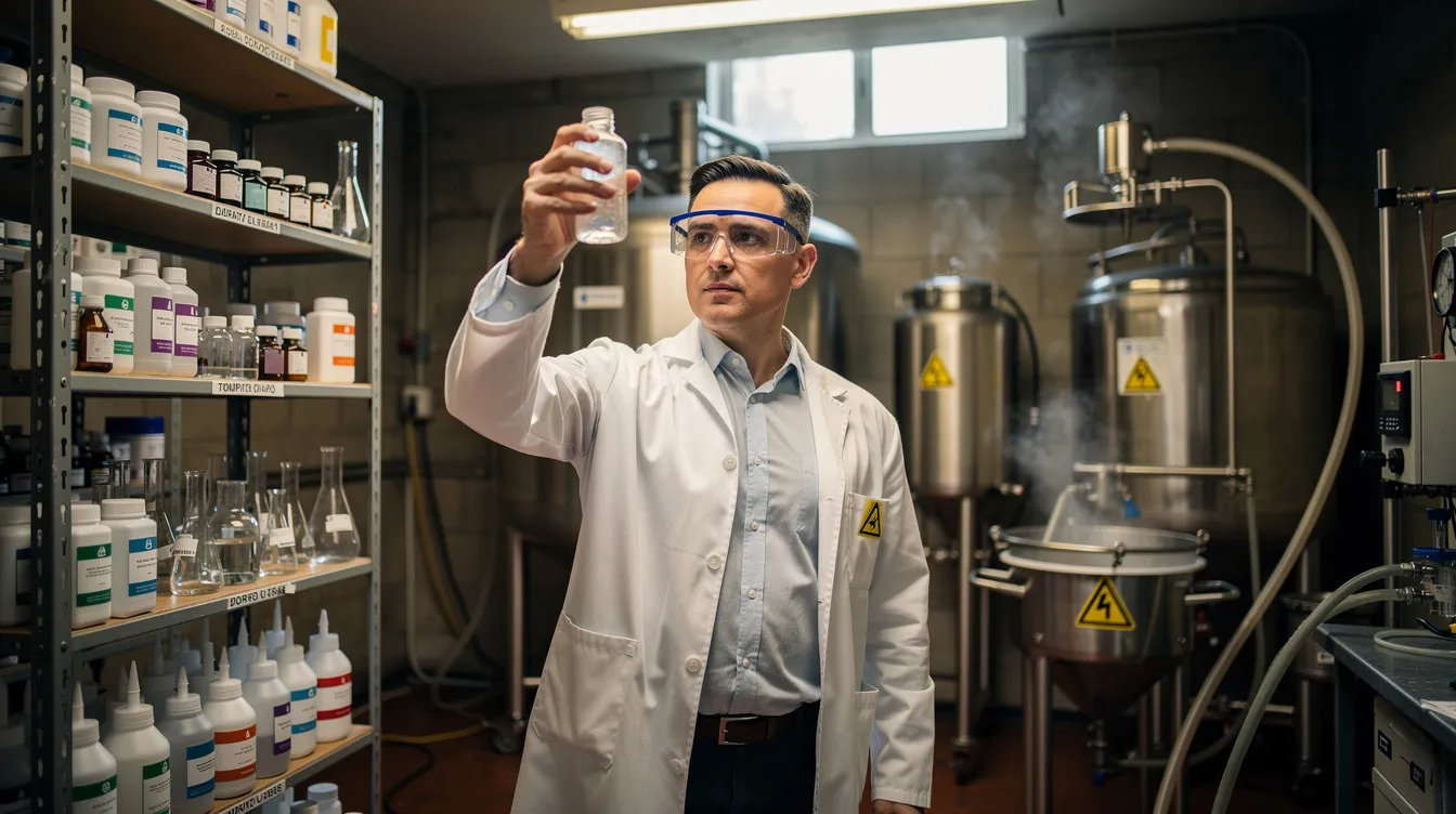 An entrepreneur is carefully examining various specialty chemicals in a small-scale manufacturing workshop, highlighting the intricate processes involved in the chemical manufacturing industry. The setting reflects a focus on raw materials and product quality, essential for developing profitable business ideas in the chemical business.