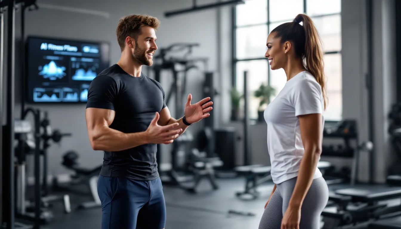 In the image, a personal trainer is seen guiding a client through a workout session, utilizing AI-powered fitness apps to provide personalized workout plans and real-time feedback. The trainer is focused on helping the client achieve their fitness goals while tracking progress and offering tailored recommendations based on individual preferences and fitness levels.