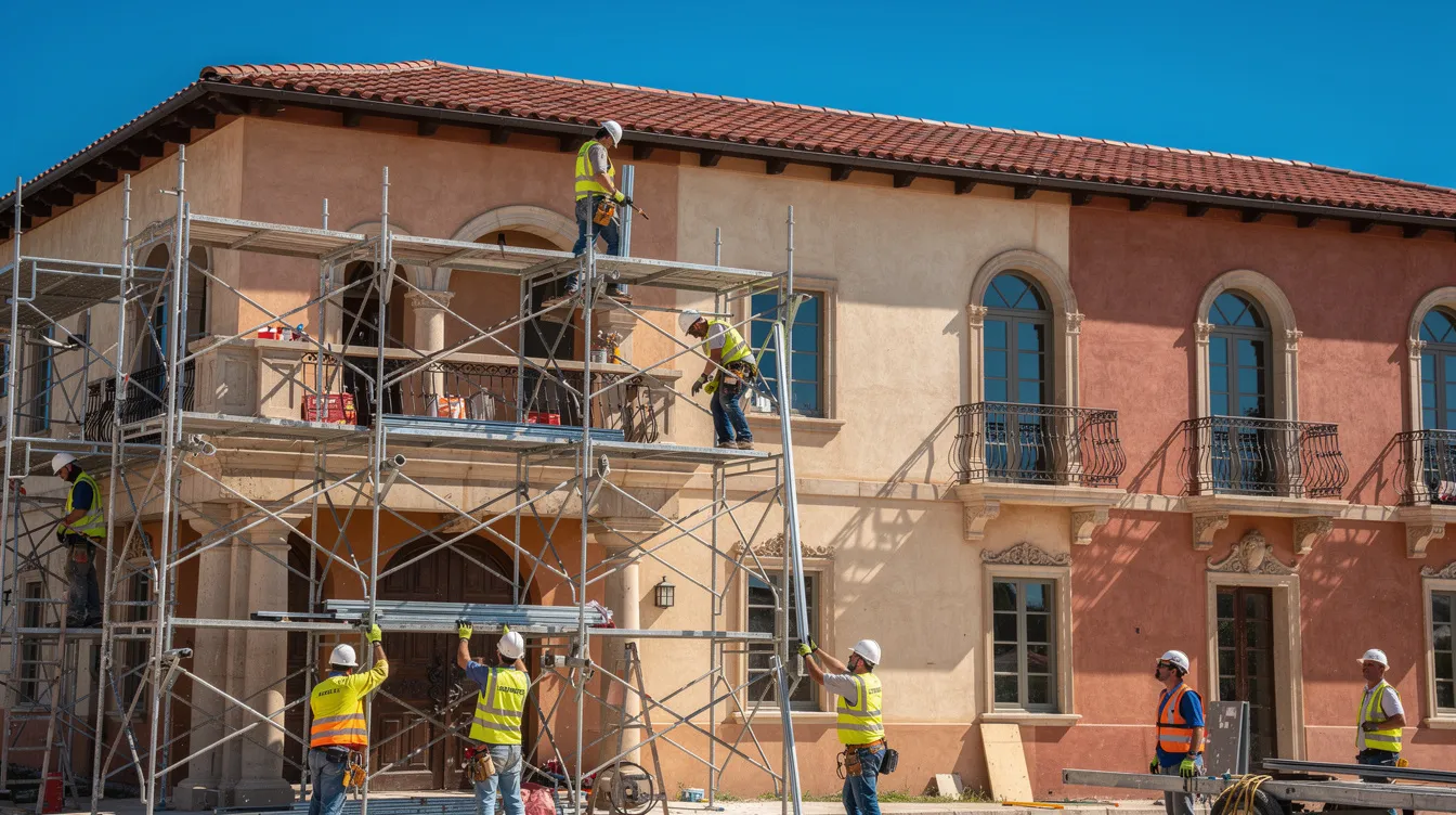The image depicts construction workers skillfully assembling scaffolding on a Mediterranean-style building beneath a clear blue sky. This scene highlights the high demand for skilled workers in Italy's construction sector, where smooth communication and teamwork are essential for successful projects.