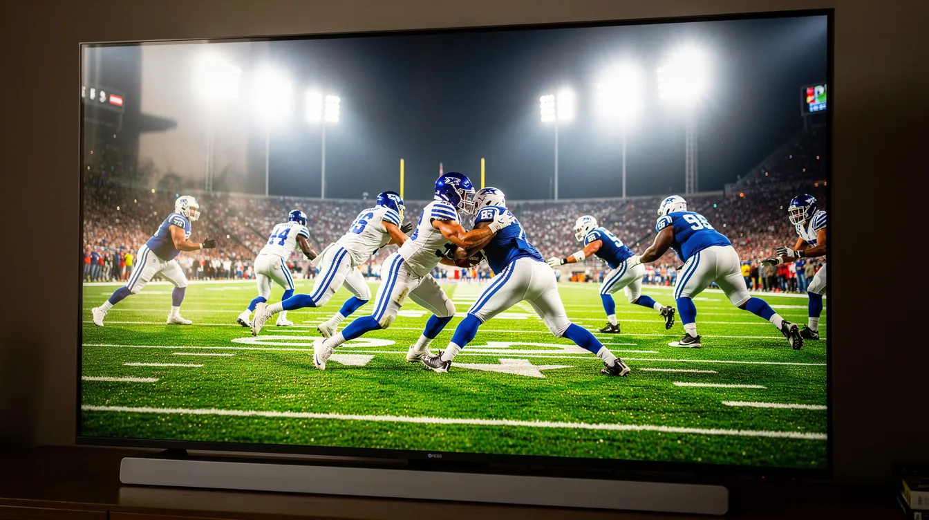 A close-up of a 4K television screen displays a vibrant football game broadcast, illuminated by bright stadium lights, showcasing the excitement of live sports. This image highlights the potential of kenoatv's IPTV service, offering smooth streaming and high-definition content for an enhanced viewing experience.