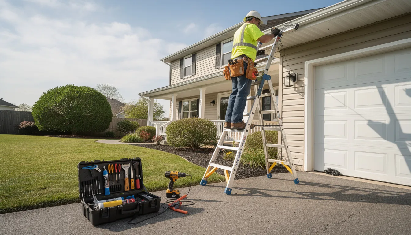 A worker is on a ladder performing gutter repair on a house, surrounded by various tools needed for the job. This scene highlights the importance of professional gutter services to prevent water damage and maintain a quality gutter system.