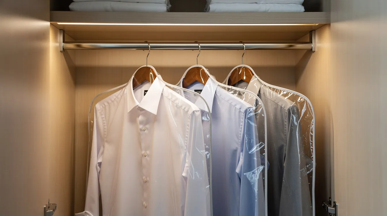 The image shows pressed dress shirts neatly hung on hangers with clear protective covers in a hotel closet, demonstrating the high-quality service of the hotel laundry service. This convenient option allows guests to manage their laundry easily during their stay.