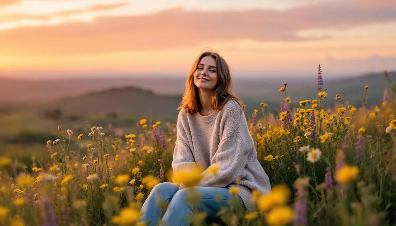 A peaceful person sits comfortably in a cozy space, smiling as they engage in a random video chat with online strangers, feeling supported and open to thought-provoking conversations. Their body language is relaxed, reflecting a safe space for personal growth and connection with new friends from different cultures.