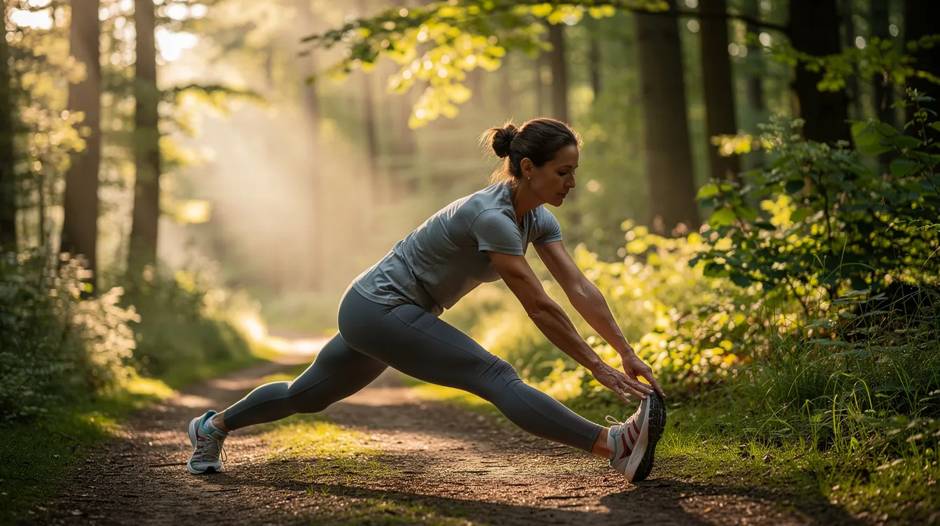 A woman in her forties is stretching outdoors on a green trail, basking in the morning sunlight. This scene captures her focus on physical health and well-being, which can positively influence sexual health, including aspects like improving blood flow and enhancing sexual desire.