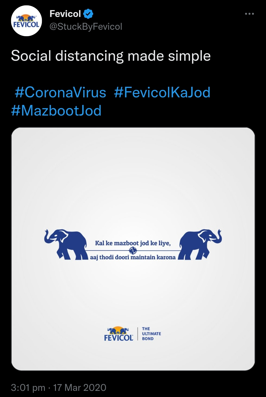 Fevicol's COVID Social Distancing Tweet