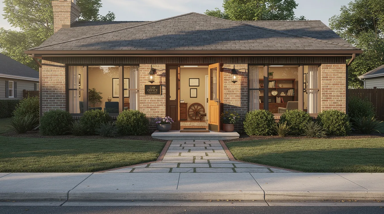 The image depicts a small law office with a welcoming exterior, featuring an open door and a pathway leading up to it, suggesting a friendly environment for individuals seeking assistance with social security disability claims and other legal matters. This inviting scene emphasizes the importance of accessible legal support for navigating complex rules related to disability benefits.