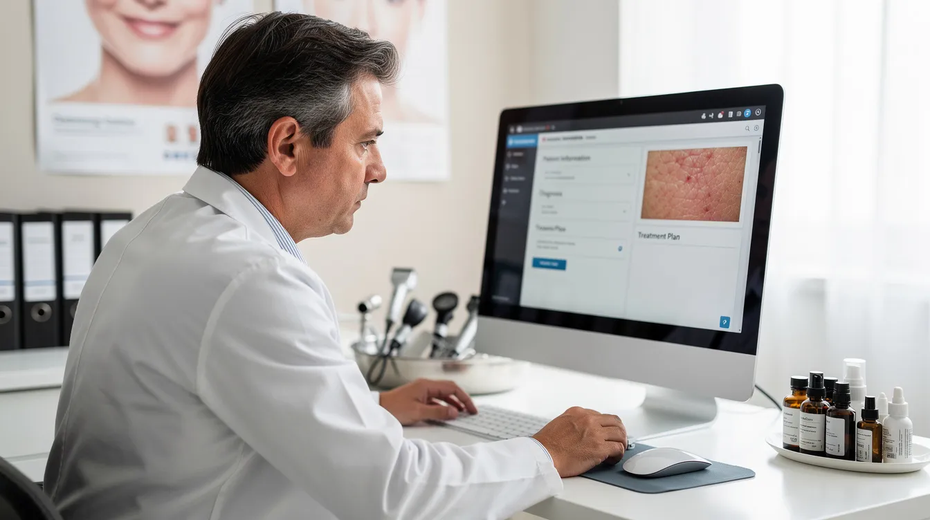 The image shows a dermatologist intently reviewing patient information on a computer screen, highlighting the importance of accurate data for improving patient interactions and enhancing the dermatology practice's online visibility through effective local SEO strategies. This process is crucial for attracting new patients and optimizing for higher search engine rankings.