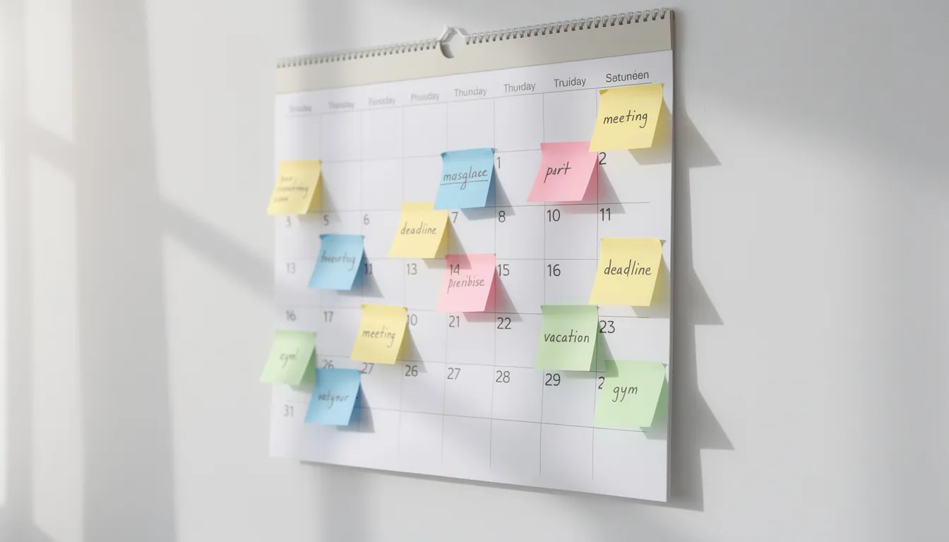 The image features a wall calendar adorned with colorful sticky notes that highlight various important dates, possibly related to vacation time and pay periods. Each note could represent reminders for vacation pay calculations or employee vacation entitlements throughout the year.