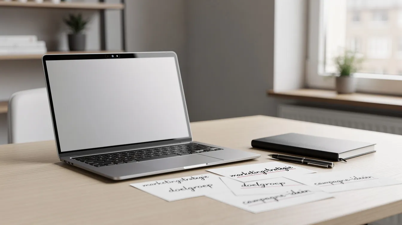 Een werkplek met een laptop, een camera en marketingnotities ligt op een bureau. De ruimte is georganiseerd en weerspiegelt de voorbereiding die nodig is voor zelfstandige activiteiten en het opstarten van een eigen onderneming.