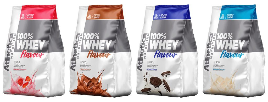 100% Whey Flavour em pacotes. Imagem retirada do site da Atlhetica Nutrition.