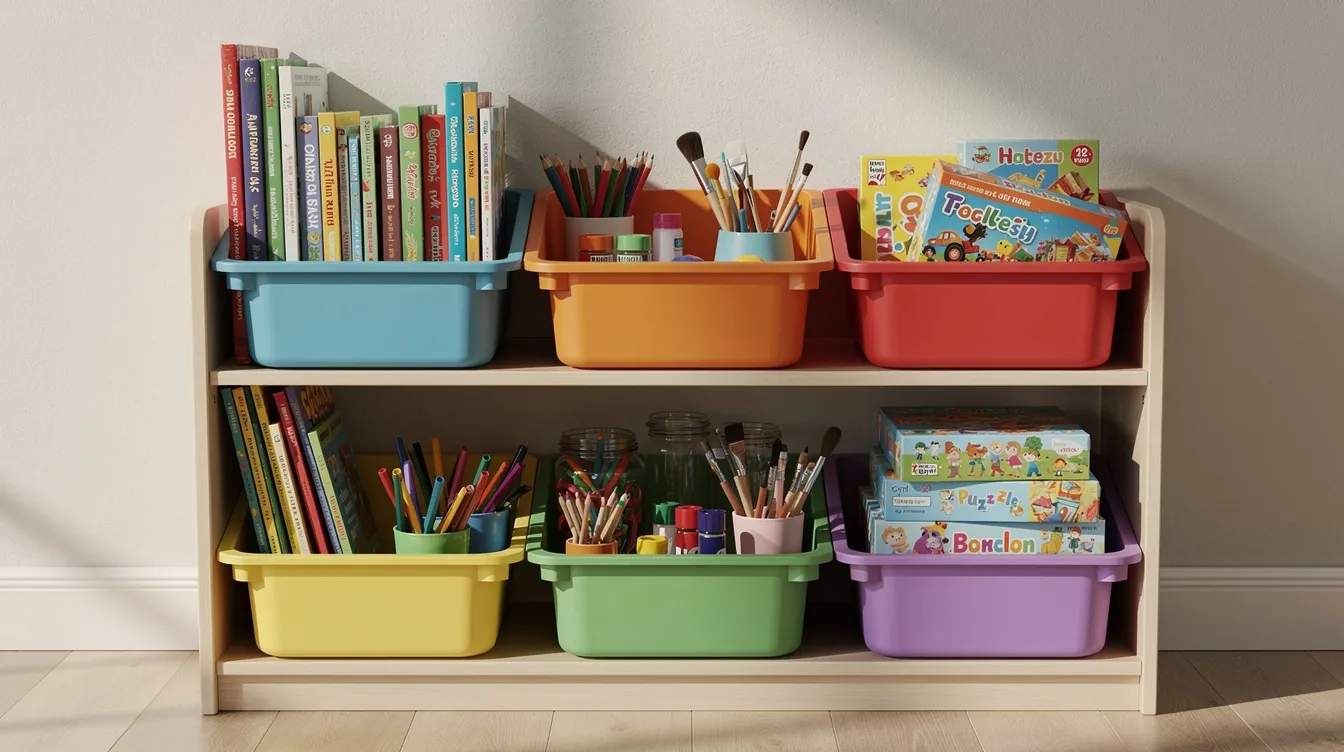 The image features a vibrant and organized bookshelf filled with colorful bins that contain books, art supplies, and puzzles, creating a supportive learning environment for children. This dedicated learning space encourages creativity and problem-solving skills, making it an essential tool for fostering a child's growth and success at home.