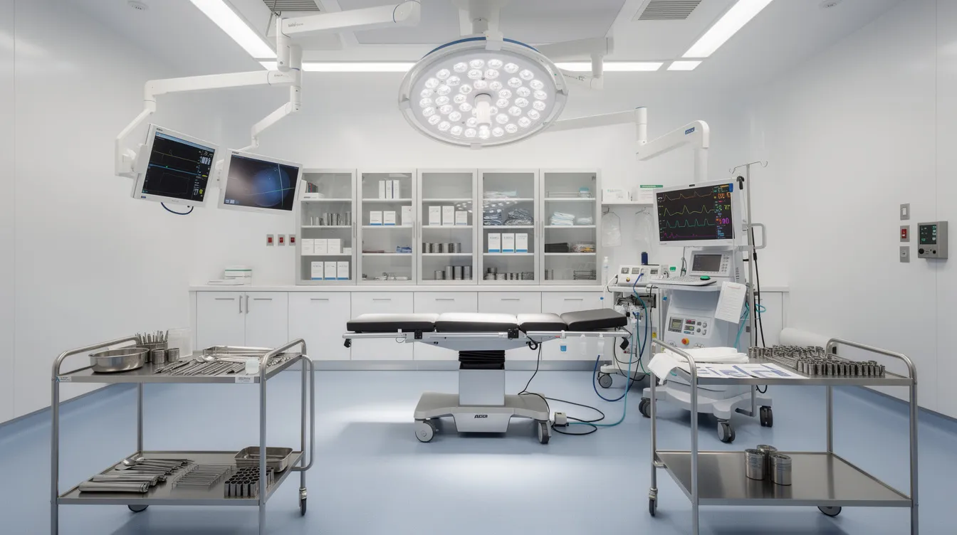 Imagen de un quirófano moderno y limpio, equipado con tecnología médica avanzada, ideal para procedimientos como la cirugía de aumento de senos. El ambiente refleja un enfoque profesional y seguro para pacientes que buscan transformaciones estéticas mediante implantes mamarios.