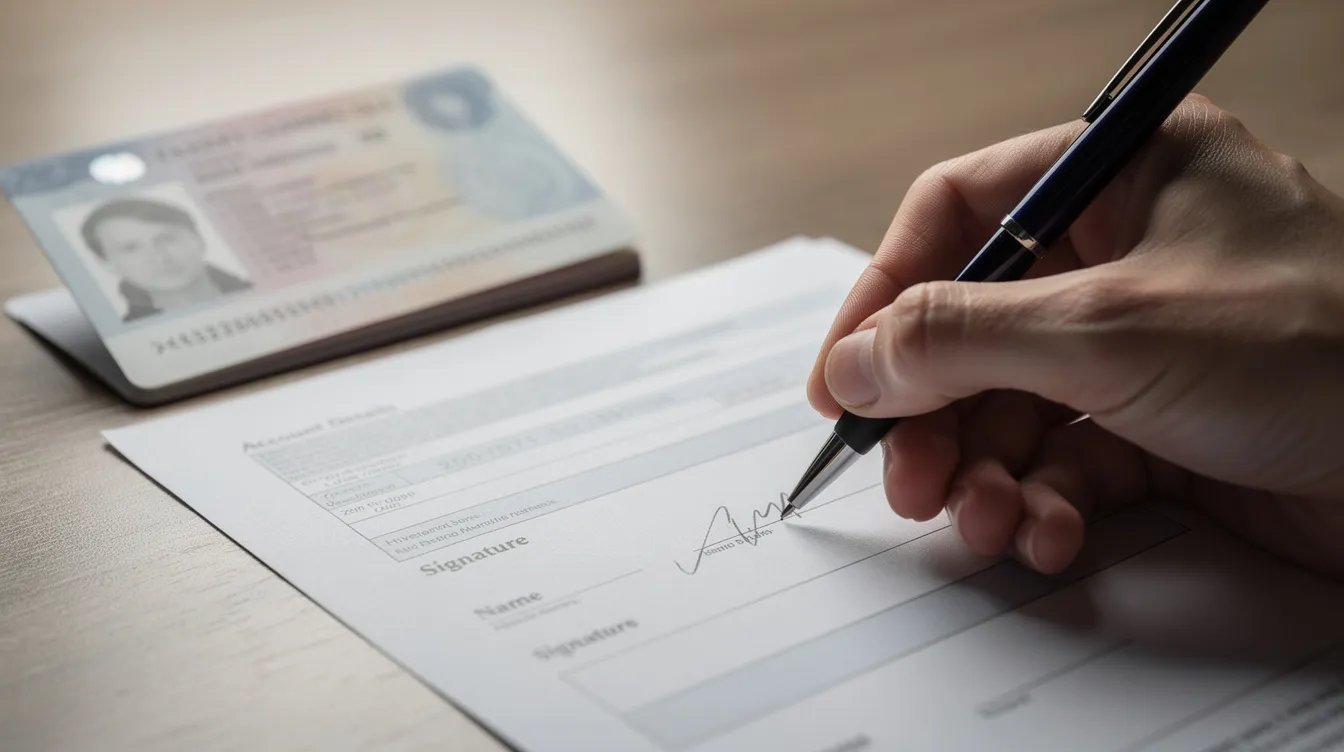 The image shows a hand writing on a banking form with a pen, while an open passport rests nearby, suggesting a process related to financial institutions or international bank transfers. This scene highlights the importance of documentation and verification in banking transactions.