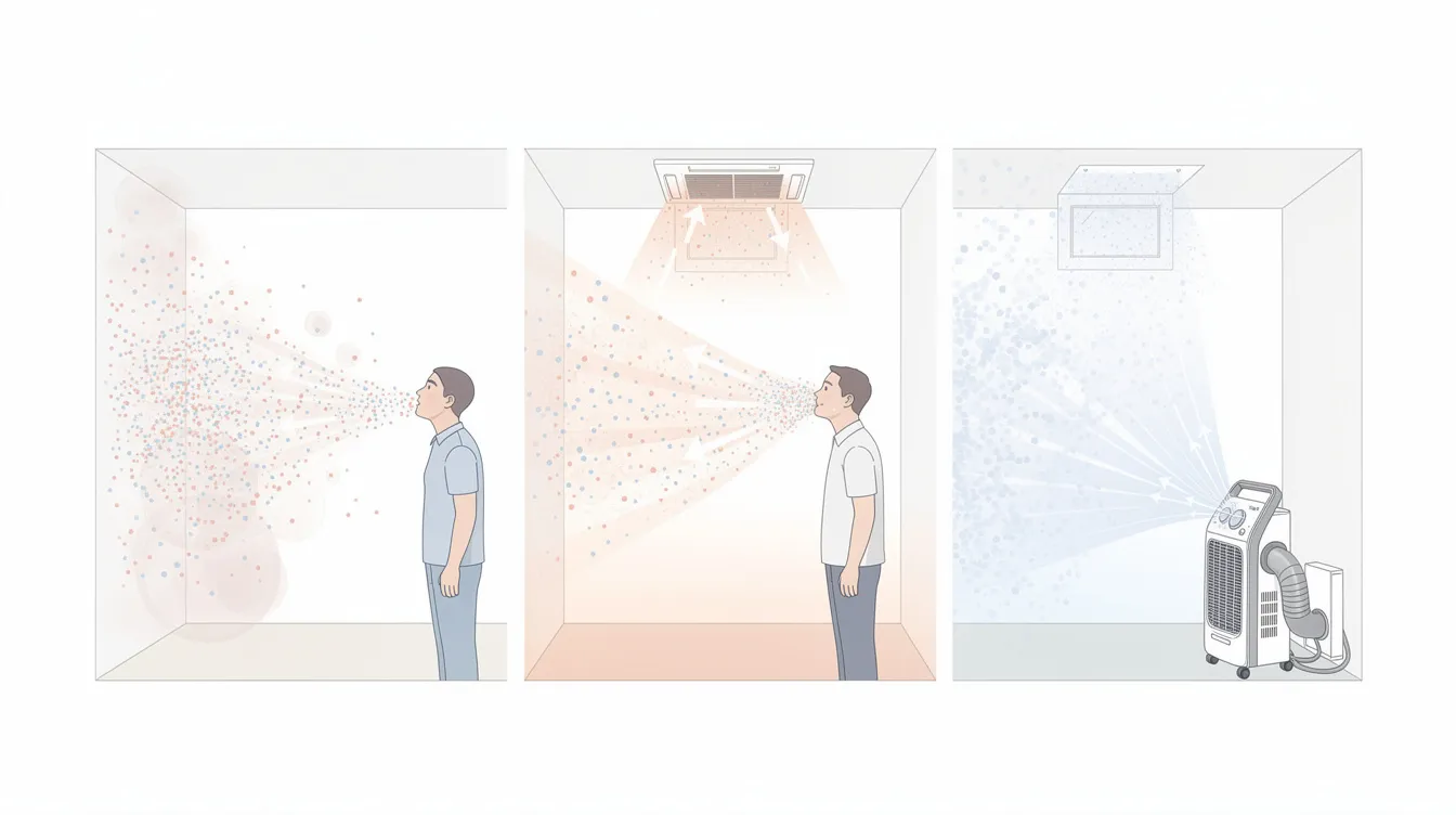 The diagram illustrates the control of infectious aerosols in indoor environments, highlighting various air cleaning technologies and HVAC systems designed to improve indoor air quality and reduce disease transmission risk. It emphasizes the importance of establishing minimum requirements for equivalent clean airflow to manage infection risk effectively in both existing and new buildings.