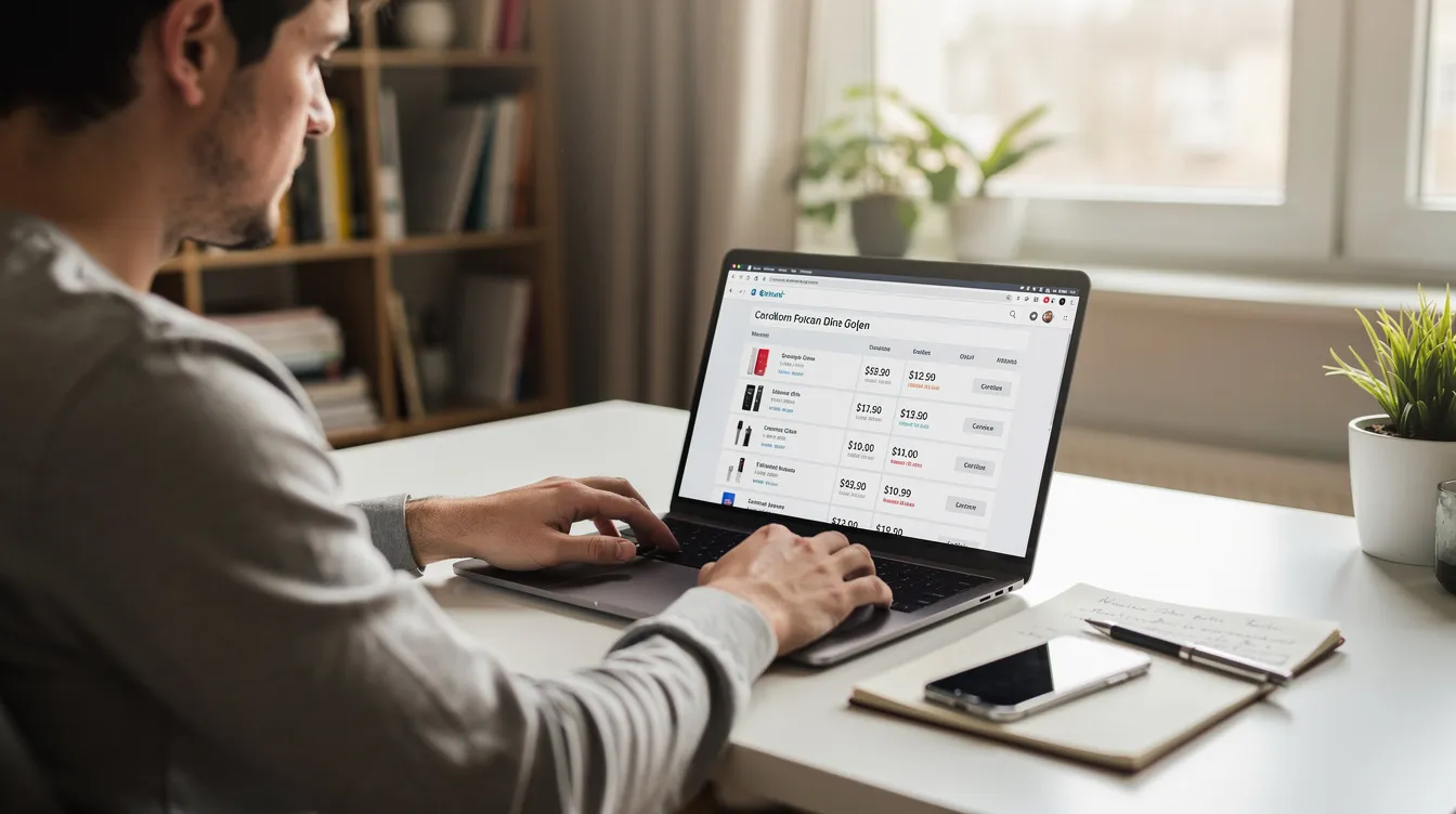 En person sidder ved et skrivebord og sammenligner priser på en bærbar computer, mens de bruger en søgefunktion til at finde de billigste tilbud online. Deres fokus er på at få det bedste overblik over prissammenligning fra forskellige butikker på internettet.