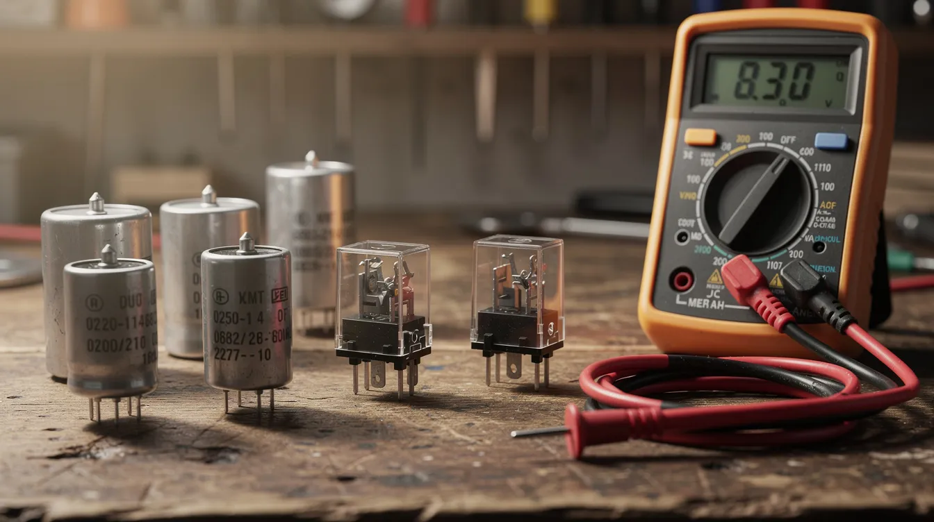 The image shows various electrical components, including capacitors and relays, neatly arranged on a workbench alongside a multimeter, which is commonly used for diagnosing electrical problems in systems like the Coleman Mach air conditioner. This setup is essential for troubleshooting issues such as faulty thermostats or improper installation in RV's electrical systems.