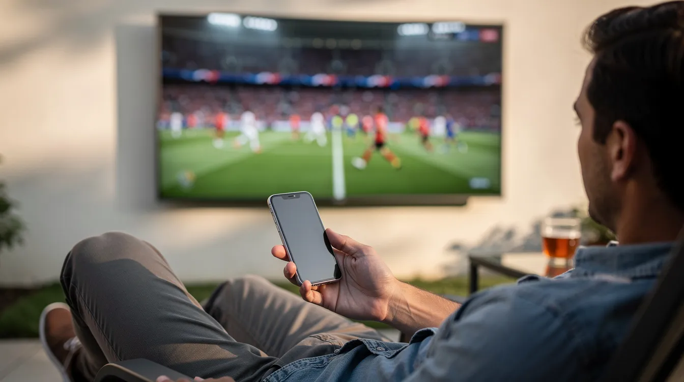 A person is sitting outdoors, engrossed in their smartphone, while a football match plays on a television in the background. This scene captures the excitement of online soccer betting, as the individual may be using a betting app to place soccer bets on competitive odds during the game.