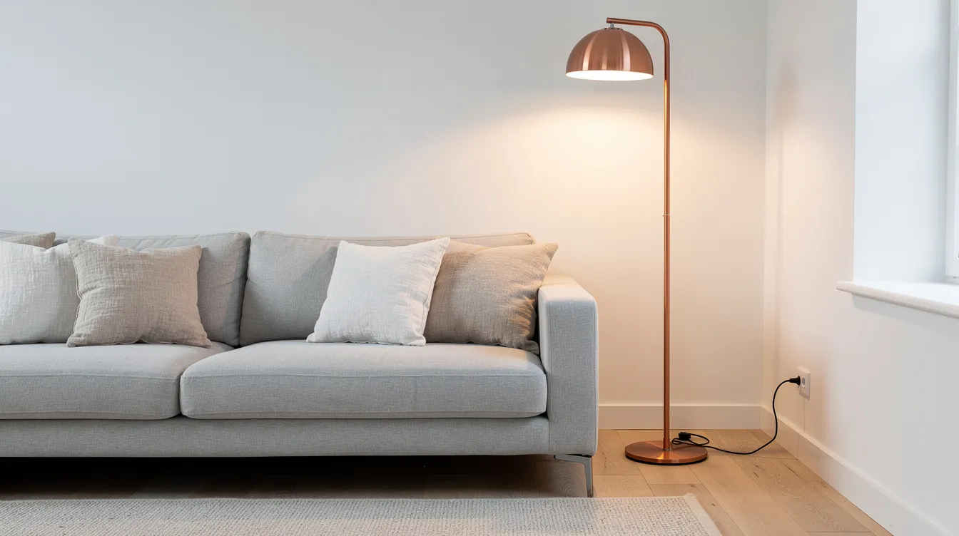 En kopparfärgad golvlampa står i hörnet av ett vardagsrum, nära en grå soffa och linnekuddar, vilket ger rummet en modern och stilren belysning. Lampan är tillverkad av metall och bidrar till en varm atmosfär i hemmet.