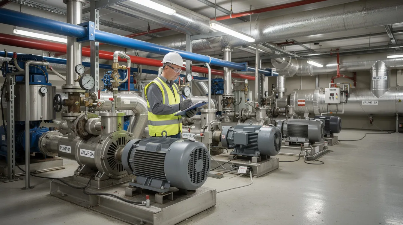 A technician is inspecting various pumps and piping within a mechanical room, focusing on the components of a closed loop control system. This setting often features closed loop feedback systems that ensure accurate control and energy efficiency in industrial applications.