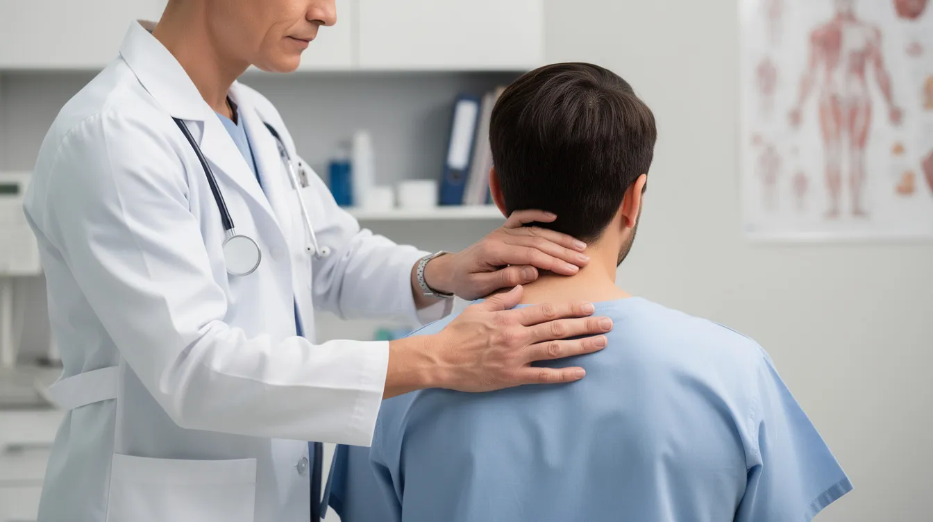 A medical professional is examining a patient's neck and shoulder area in a clinical setting, focusing on potential medical injuries related to personal injury claims. The scene highlights the importance of patient safety and the need for strong medical malpractice laws to protect individuals from negligent healthcare providers.