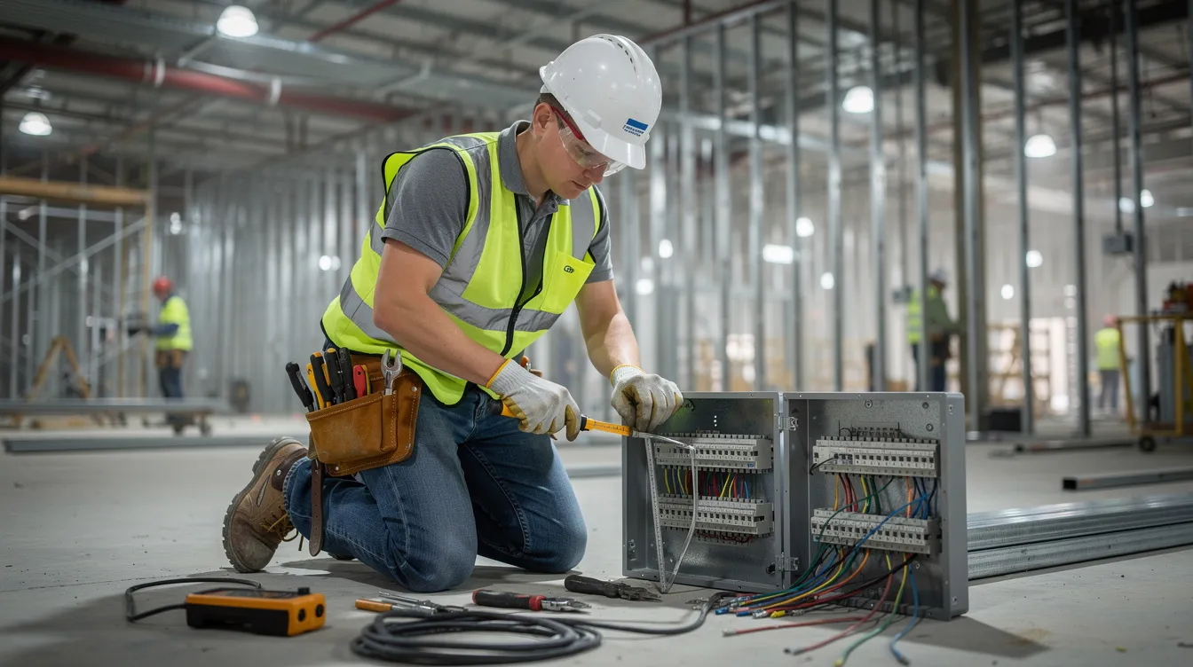 An electrical apprentice is actively engaged in a commercial construction project, using conduit and wiring tools while adhering to safety protocols. This scene highlights the importance of skill development and workforce stability in the construction industry, showcasing the efforts to retain skilled workers through hands-on training and teamwork.