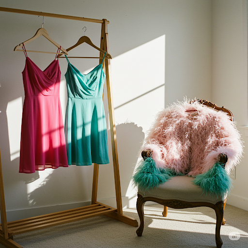 pretty dresses hanging in a room