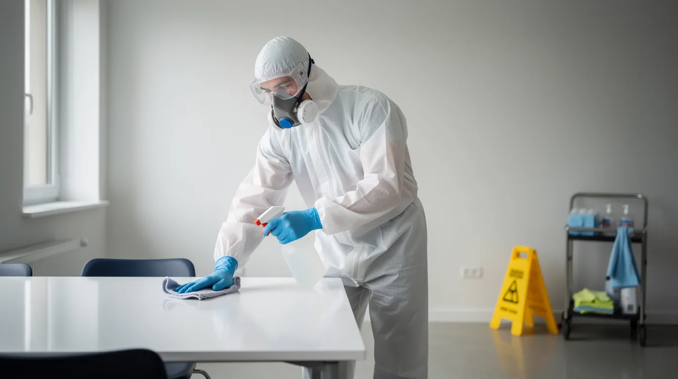 A technician in protective gear is engaged in the cleanup process of a cluttered room, addressing hazardous materials and debris to restore the space to a livable condition. This professional cleaning service focuses on hoarding cleanup, ensuring a safe and compassionate approach for clients affected by hoarding disorder.