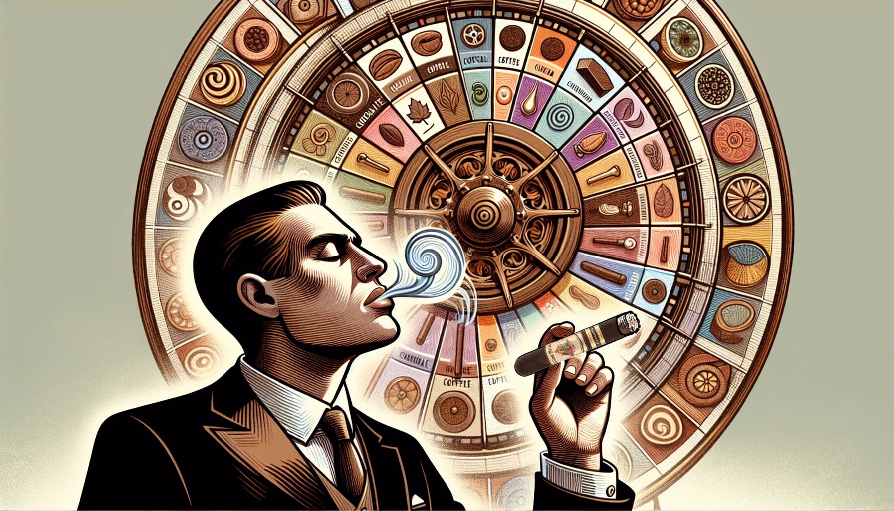 Matching a cigar's flavor profile to personal preferences, illustrated by a person holding a cigar with a flavor wheel in the background