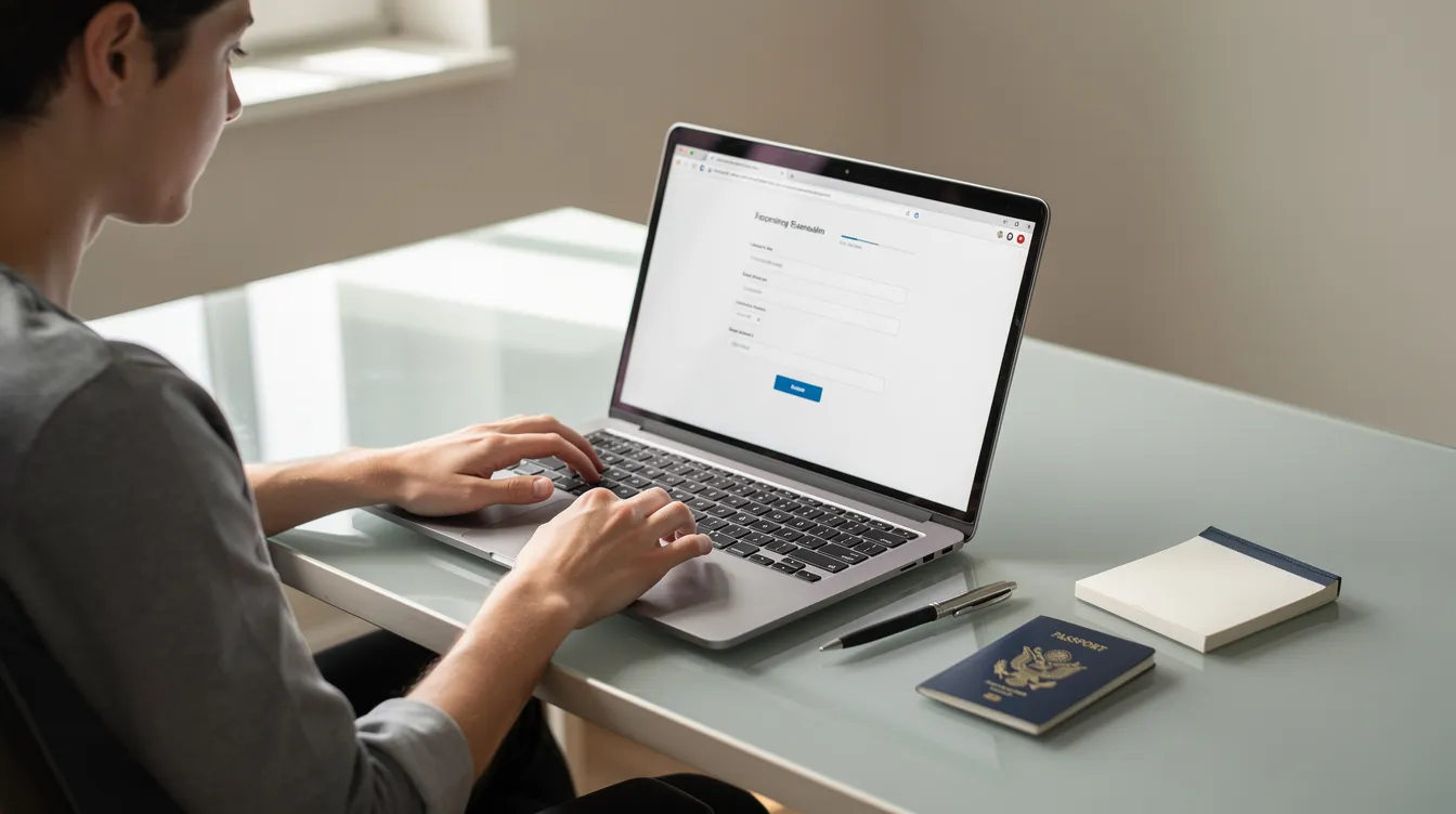 A person is sitting at a desk, focused on filling out an online visa application form on a laptop, with a valid passport placed nearby. This scene represents the process of applying for an e tourist visa, highlighting the necessary documents for foreign nationals visiting India.