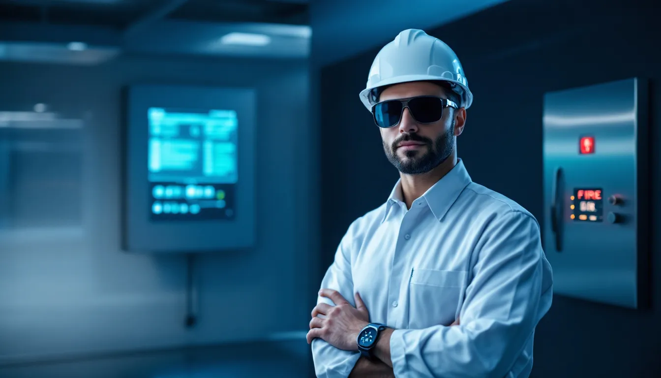 A blurred image of a technician conducting fire alarm system services.