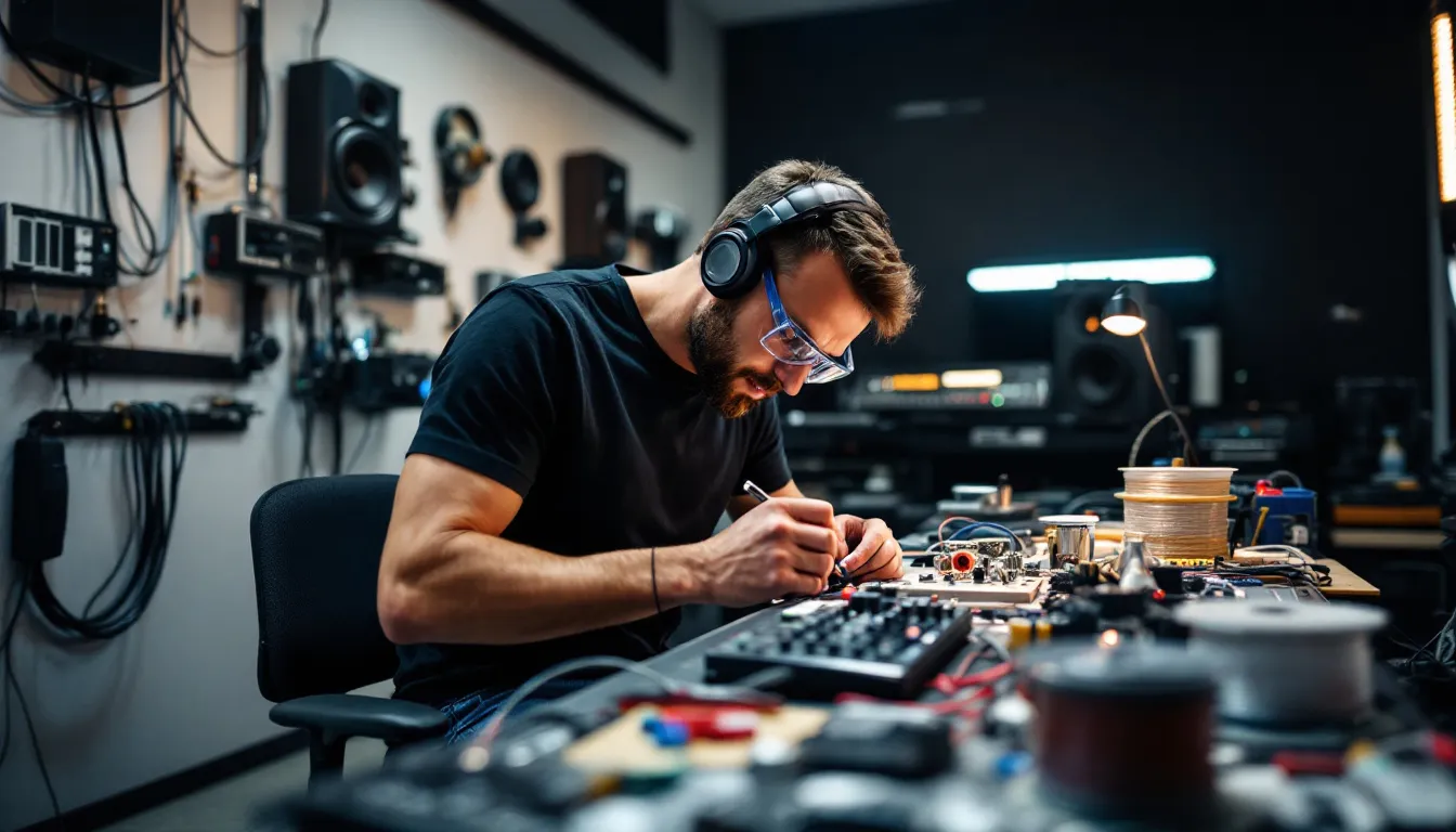 An audio engineer is focused on soldering custom cables, using precise hand movements to ensure quality connections for audio accessories. The workspace is organized with various tools and materials, highlighting the craftsmanship involved in creating tailored solutions for customers.