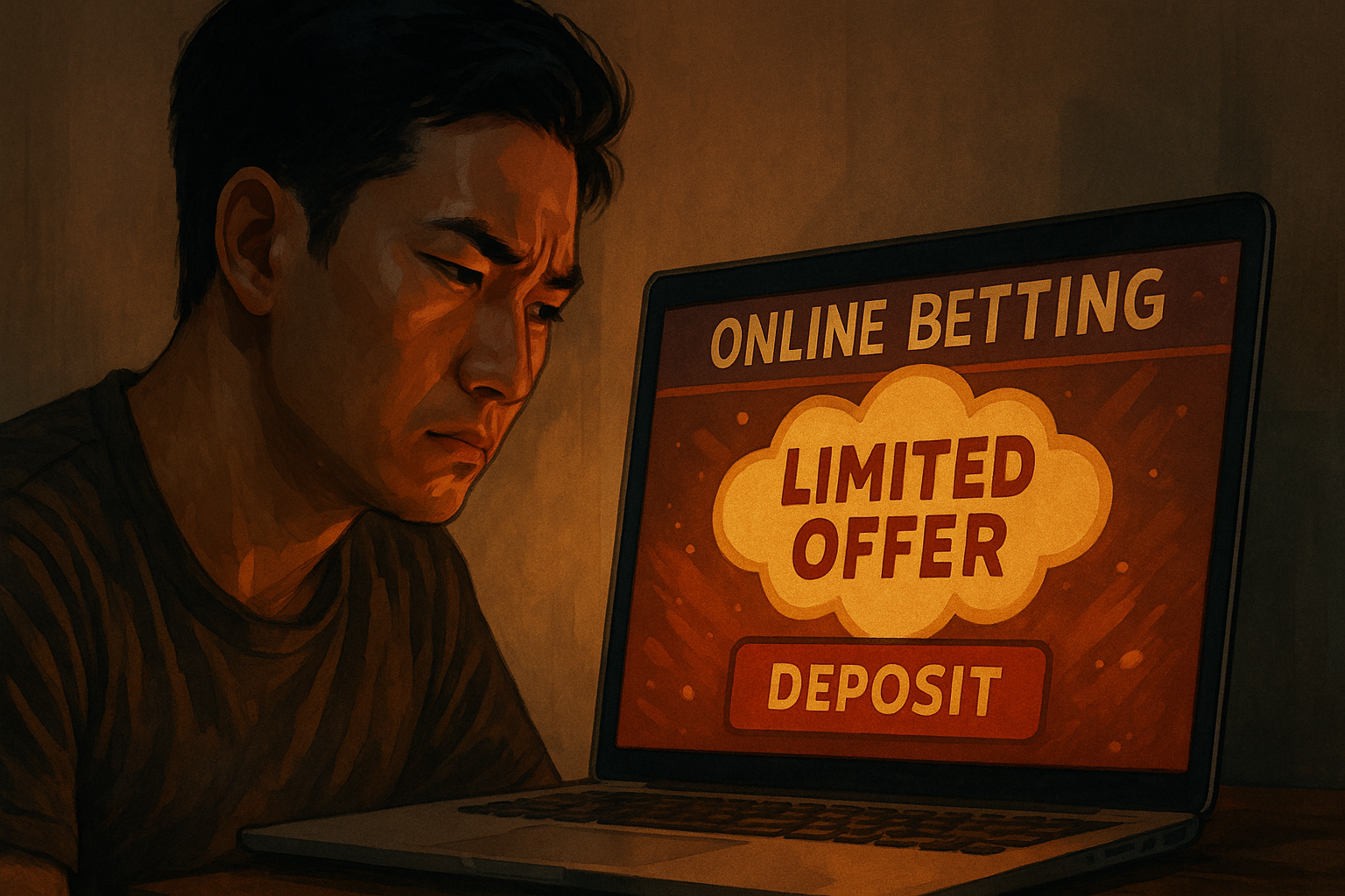 A semi-realistic illustration depicts a young Asian man hesitating in front of a glowing laptop screen showing a flashy "LIMITED OFFER" online betting ad. The image captures a moment of skepticism and potential scam awareness, perfect for illustrating a scam prevention story involving a last-second rescue.