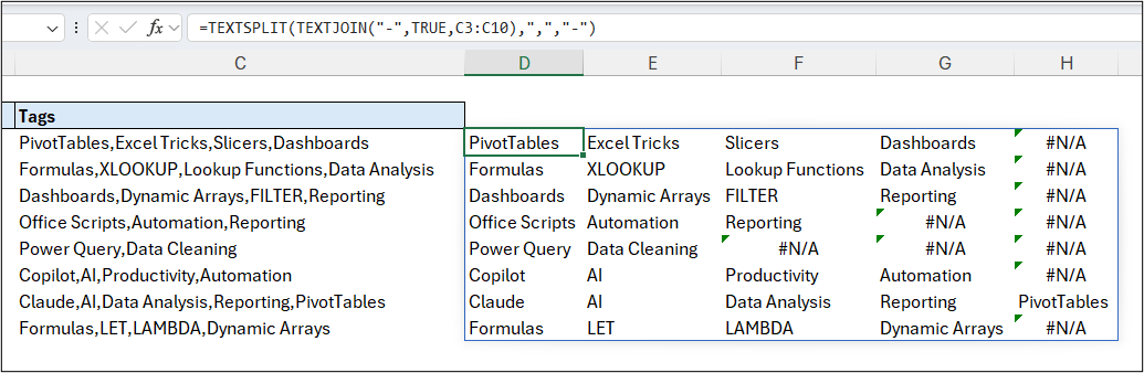 TEXTJOIN combines all rows to a single array for TEXTSPLIT