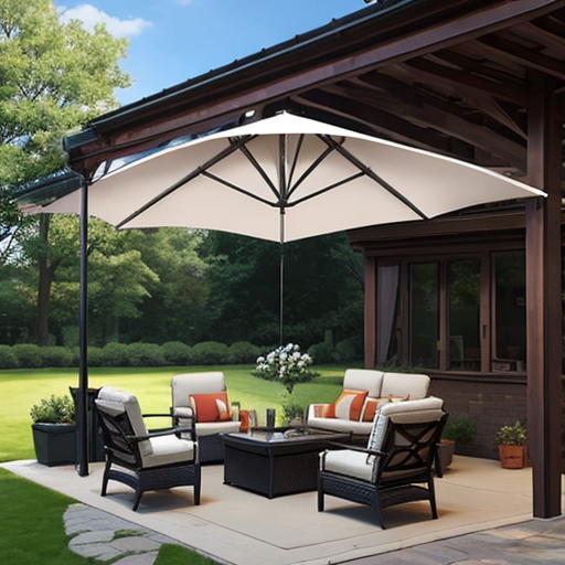 Canopy can protect you from rain and sun.  Backyard furniture and seating area.
