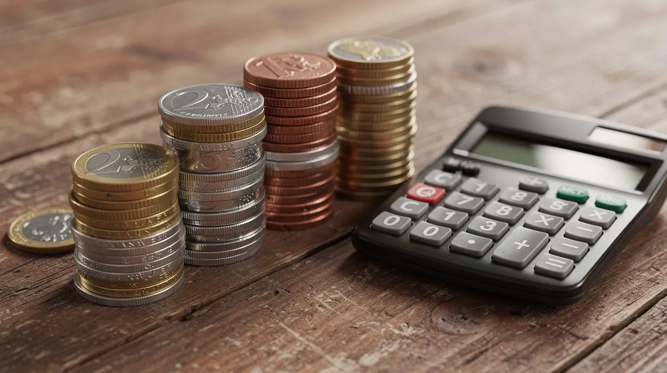 The image displays a collection of stacked coins from various currencies on a wooden table, accompanied by a calculator, symbolizing financial transactions such as wire transfers and bank transfers. This scene highlights the importance of understanding different transfer methods for international payments and domestic transactions.