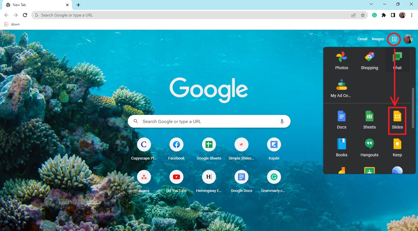 In your Google Chrome, click the app button and select Google Slides.