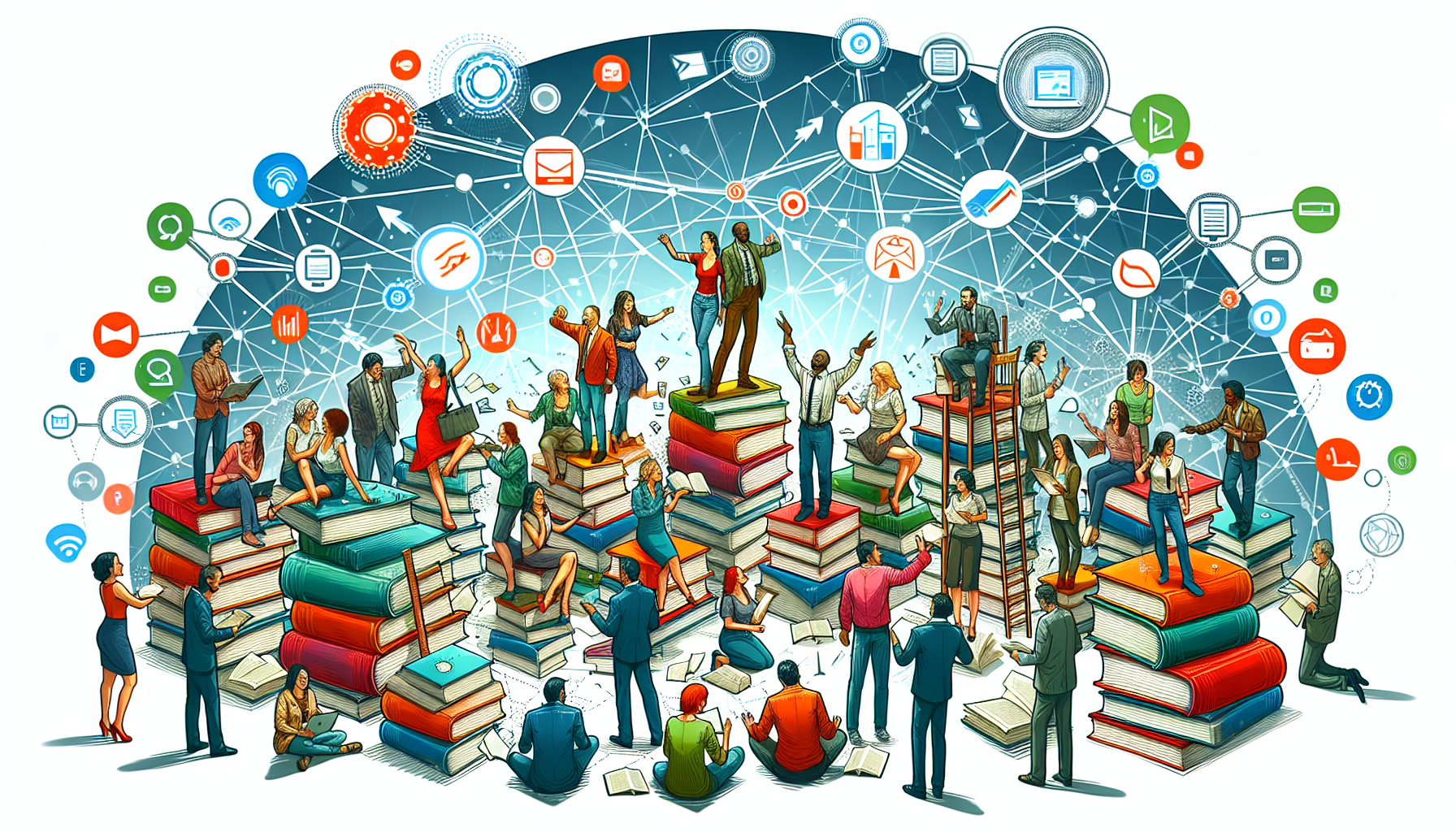 Illustration of authors collaborating and promoting books