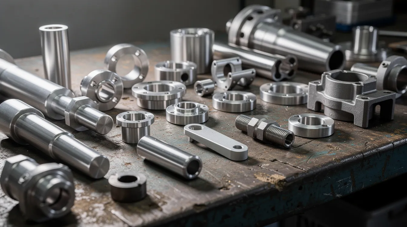 The image features an assortment of machined metal parts made from aluminum, stainless steel, and titanium, meticulously arranged on a workbench, showcasing the precision machining capabilities of various CNC machining services. These parts exemplify tight tolerances and are suitable for applications in industries such as aerospace, automotive, and medical device manufacturing.