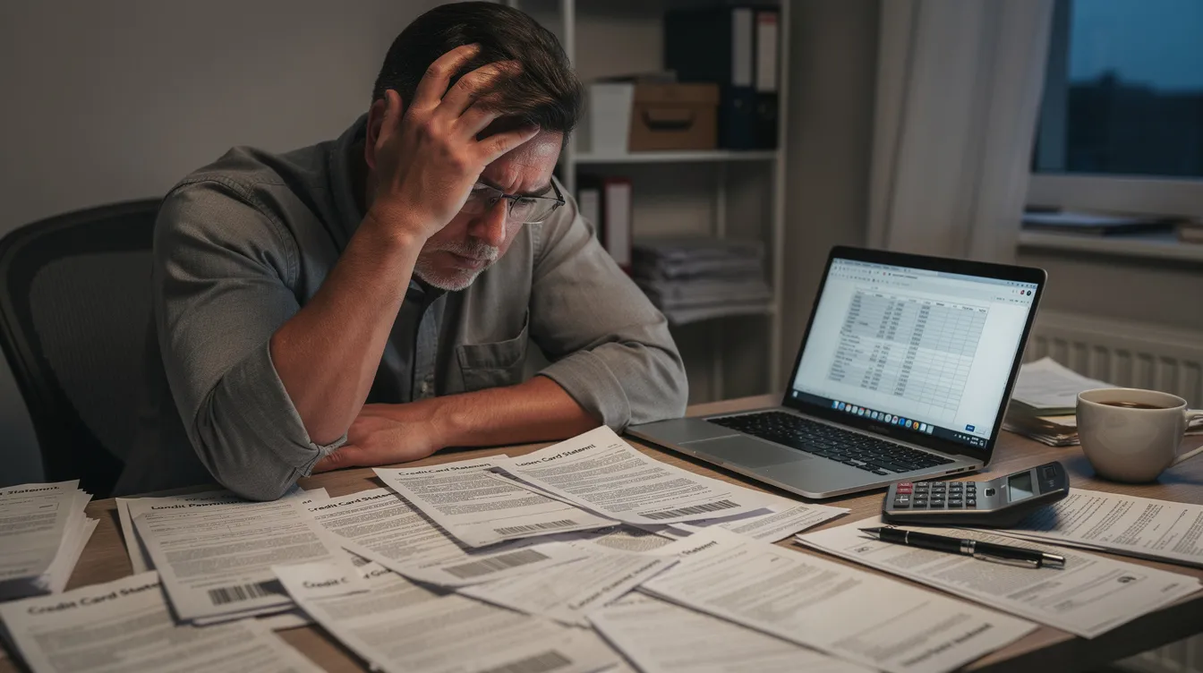 A person is sitting at a cluttered desk, surrounded by numerous credit card statements and loan documents, appearing visibly stressed as they review their financial situation. The scene highlights the challenges of managing debt, including concerns about monthly repayment amounts and interest rates.