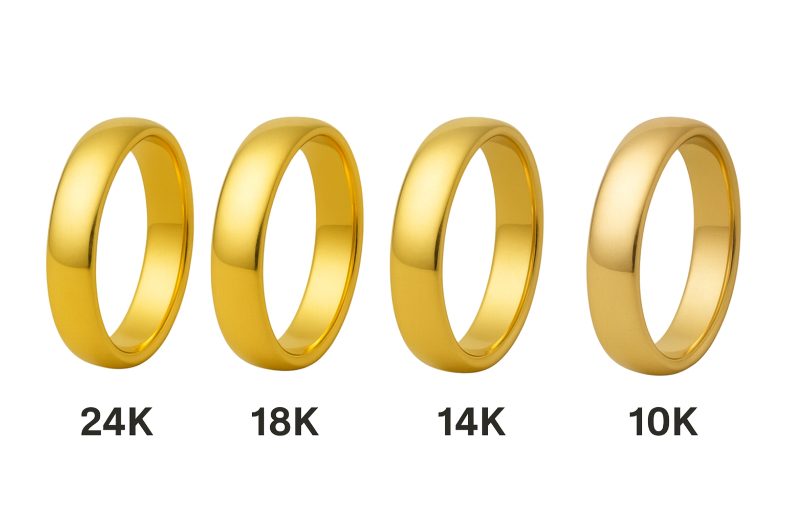 Vestuviniai žiedai skirtingų aukso spalvų ir prabų – 999 praba (24K) grynas auksas, 750 praba (18K) sodraus atspalvio auksas, 585 praba (14K) švelnesnės aukso spalvos žiedas ir 375 praba (10K) šviesesnio tono auksas.