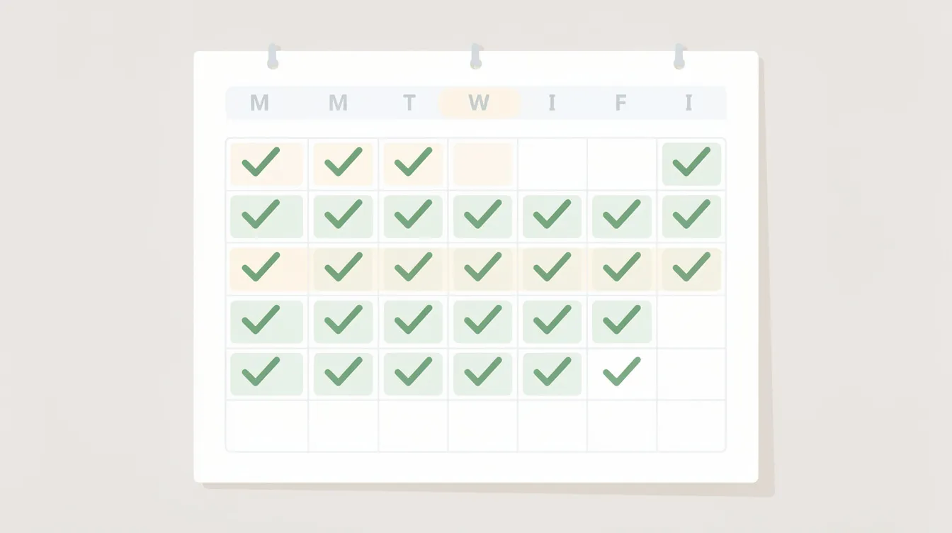 The image depicts a calendar filled with weekly checkmarks, illustrating an individual&rsquo;s habit tracking progress related to healthy sleep habits. This visual representation emphasizes the importance of maintaining a consistent sleep schedule and good sleep hygiene for achieving quality sleep and overall sleep health.