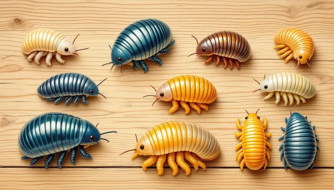 A variety of woodlice species displayed on a wooden surface, illustrating their different appearances.