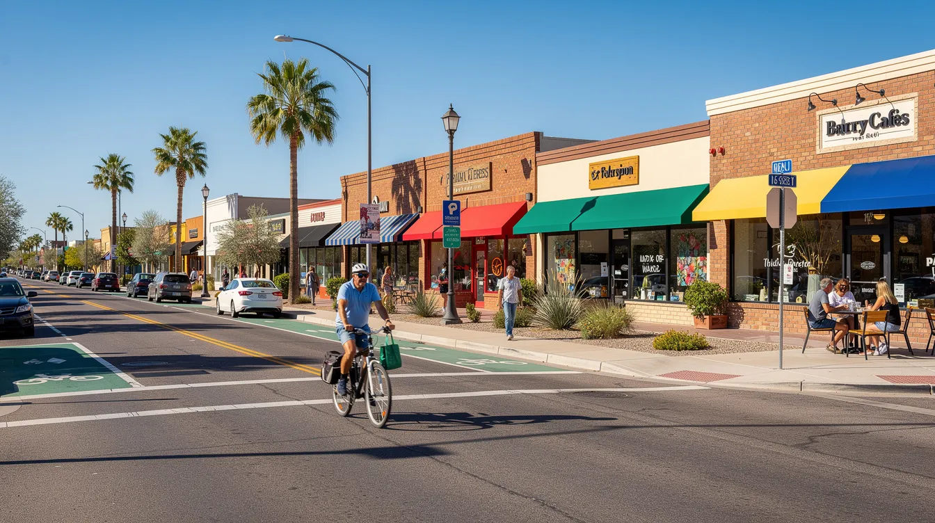 The image depicts a sunny street in Chandler lined with small local storefronts, where people walk leisurely outside, enjoying the pleasant weather. The scene captures the vibrant community atmosphere, suggesting a lively day filled with activity.