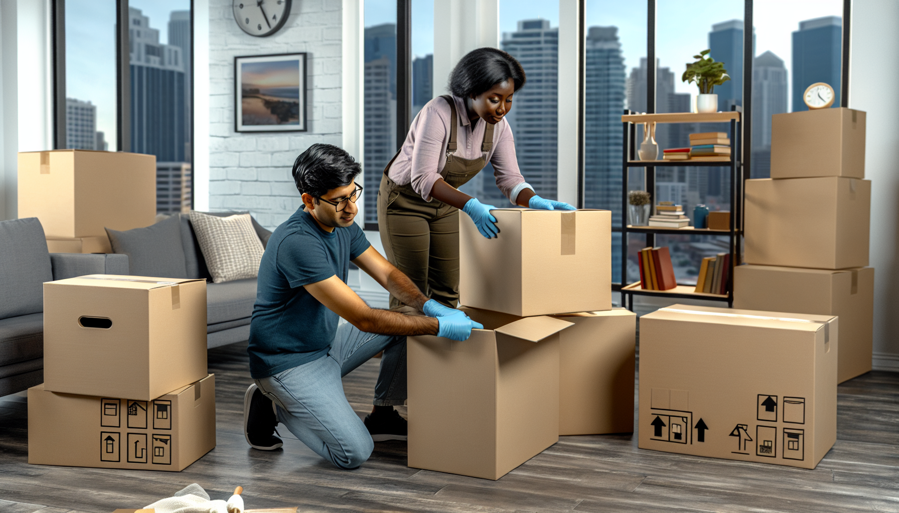 Two movers packing boxes in a living room